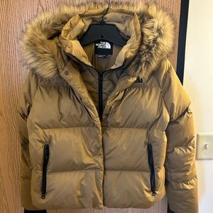 North Face - Tan Bomber Jacket with Fur Hood